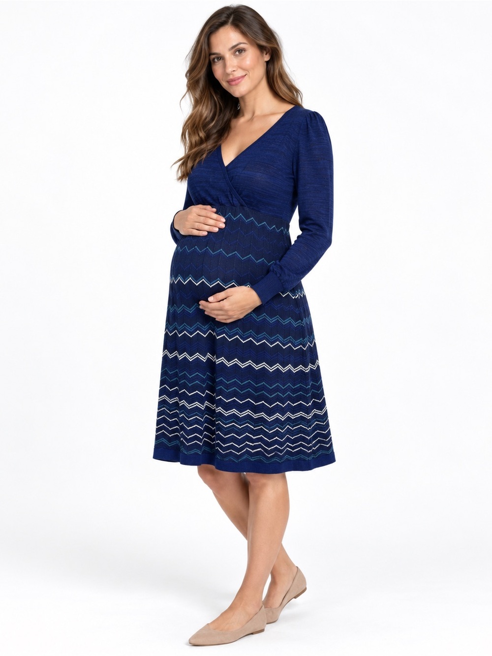 Seraphine Maternity Nursing Dress 4 Navy Chevron Knit V Neck Long Sleeve A Line